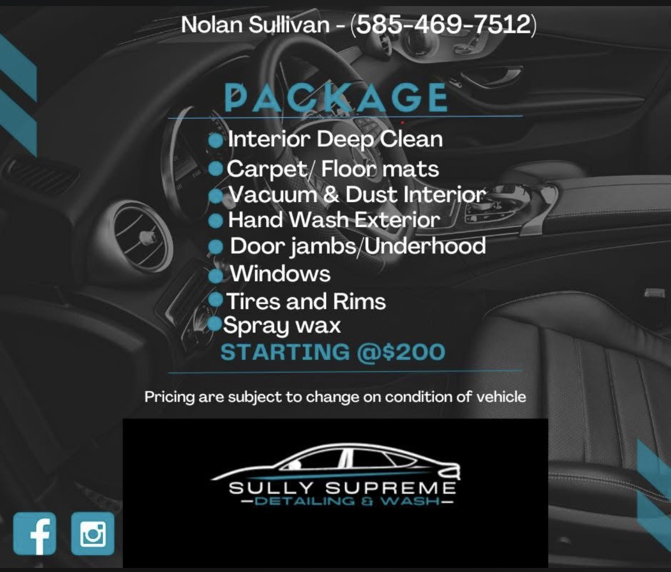 Sully Supreme Detailing & Wash detail package flyer, starting at $200
